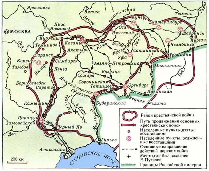 Карта восстания Емельяна Пугачева